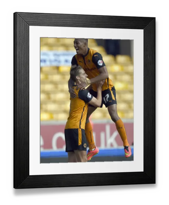 Framed Print : Wolverhampton Wanderers: Dave Edwards and Rajiv van La Parra Celebrate First Goal Against Wigan Athletic in Sky Bet Championship