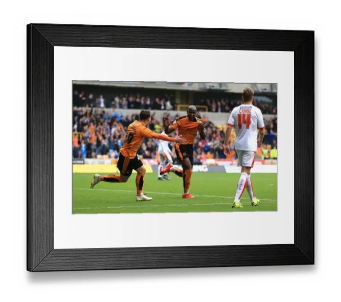 Framed Print : Wolverhampton Wanderers: Afobe and Le Fondre Celebrate Double Strike Against Huddersfield Town in Sky Bet Championship Framed Print : Wolverhampton Wanderers: Afobe and Le Fondre Celebrate Double Strike Against Huddersfield Town in Sky Bet Championship