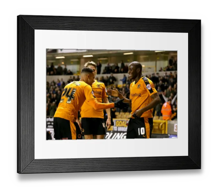 Framed Print : Wolves Benik Afobe and Jordan Graham Celebrate First Goal Against Leeds United (Sky Bet Championship 2014-15) Framed Print : Wolves Benik Afobe and Jordan Graham Celebrate First Goal Against Leeds United (Sky Bet Championship 2014-15)
