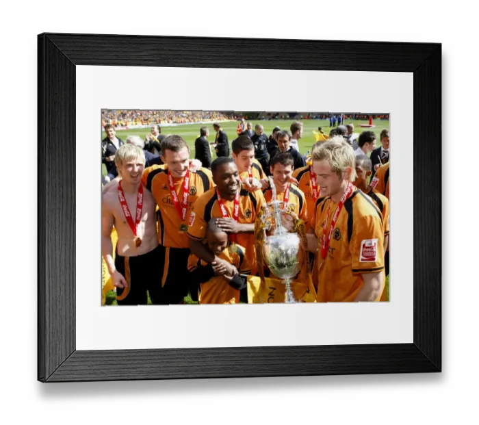 Framed Print : Wolverhampton Wanderers: 2008-09 Championship Title Win - Sylvan Ebanks Blake and Richard Stearman Celebrate Promotion with the Championship Trophy