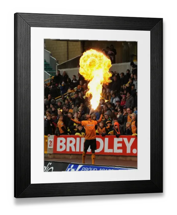 Framed Print : Fire-Breathing Mascots Ignite the Barclays Premier League Atmosphere: Wolves vs. Bolton Wanderers