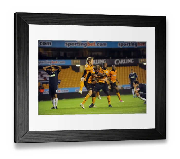 Framed Print : Wolverhampton Wanderers Dramatic Carling Cup Victory: Last-Minute Goal Celebration by Kevin Doyle, Sylvan Ebanks-Blake, and Richard Stearman (2-1 vs. Southend)