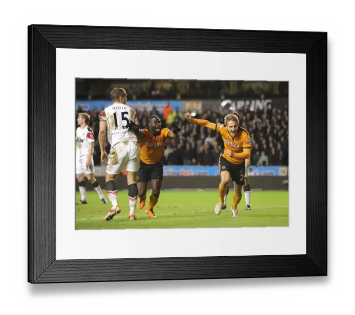Framed Print : Wolverhampton Wanderers Glory Moment: Kevin Doyle and George Elokobi's Euphoric Celebration After Scoring 2-1 Against Manchester United (Premier League)
