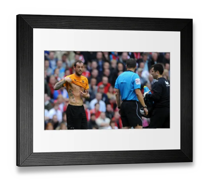 Framed Print : Wolverhampton Wanderers Steven Fletcher Shows Refree Kevin Friend Injury during Liverpool vs. Wolverhampton Premier League Match Framed Print : Wolverhampton Wanderers Steven Fletcher Shows Refree Kevin Friend Injury during Liverpool vs. Wolverhampton Premier League Match