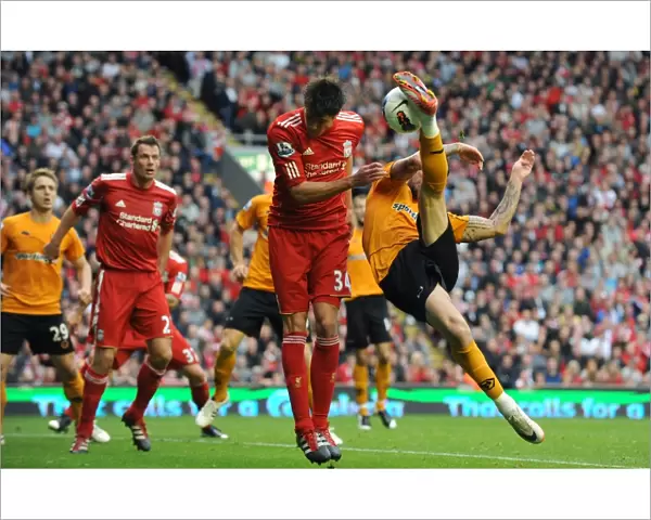 Steven Fletcher's Determined Shot at Goal for Wolverhampton Wanderers Against Liverpool (Barclays Premier League)