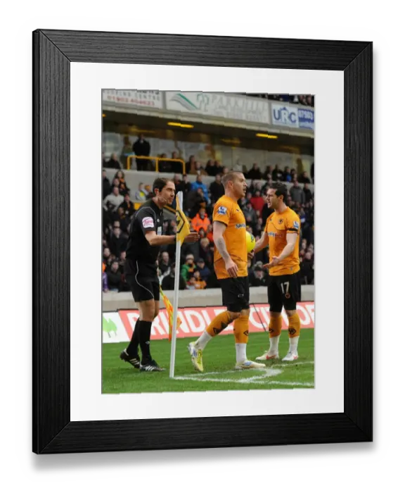 Framed Print : Disputed Quick Corner: Wolverhampton Wanderers Kightly and Jarvis Argue with Assistant Referee Framed Print : Disputed Quick Corner: Wolverhampton Wanderers Kightly and Jarvis Argue with Assistant Referee
