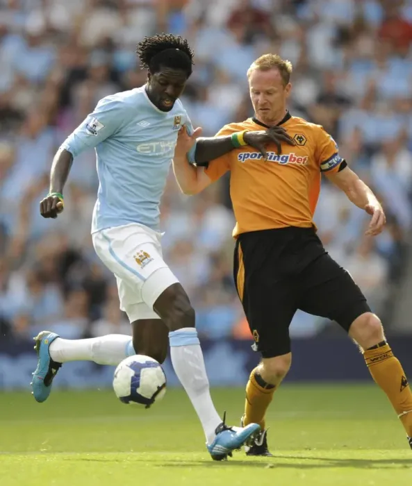 Framed Print : Adebayor vs. Craddock: Manchester City vs. Wolverhampton Wanderers Clash (2009, BPL) Framed Print : Adebayor vs. Craddock: Manchester City vs. Wolverhampton Wanderers Clash (2009, BPL)