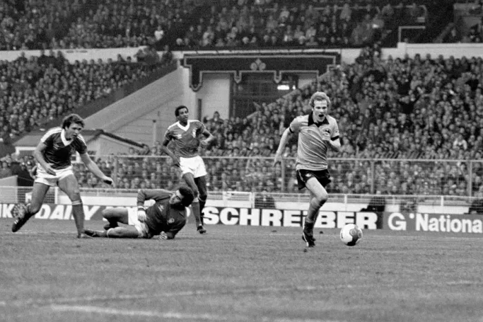 Framed Print : Andy Gray's Game-Changing Goal: Wolves Claim League Cup Victory Over Forest (David Needham and Peter Shilton Mix-Up)