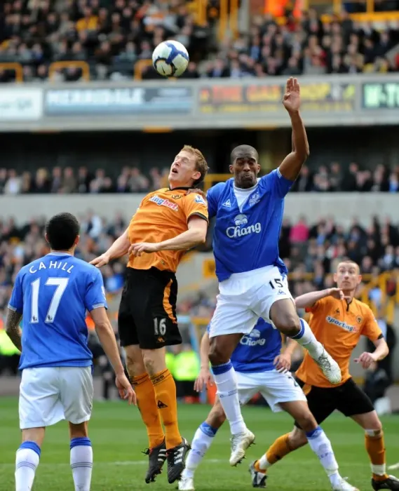 Framed Print : Clash of Titans: Berra vs. Distin - Wolverhampton Wanderers vs. Everton (2010), Barclays Premier League Framed Print : Clash of Titans: Berra vs. Distin - Wolverhampton Wanderers vs. Everton (2010), Barclays Premier League