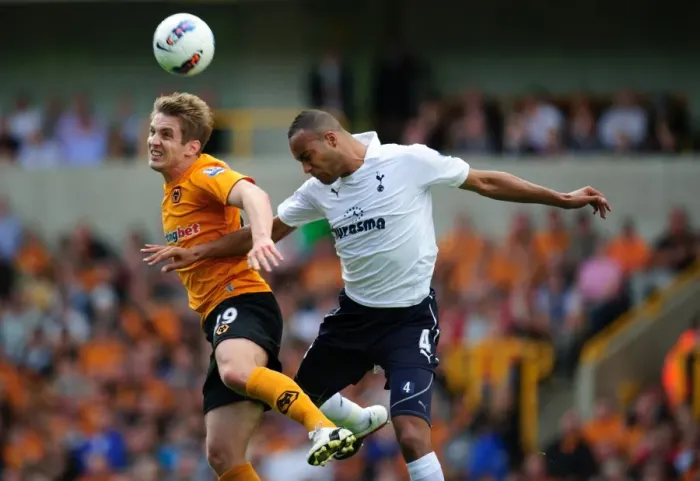 Framed Print : Clash of Titans: Kevin Doyle vs. Younes Kaboul - Wolverhampton Wanderers vs. Tottenham Hotspur, Barclays Premier League