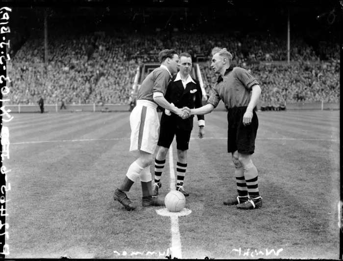 Framed Print : FA Cup Final: Wolves Captain Billy Wright and Leicester City Captain Norman Plummer Shake Hands Before the Match Framed Print : FA Cup Final: Wolves Captain Billy Wright and Leicester City Captain Norman Plummer Shake Hands Before the Match