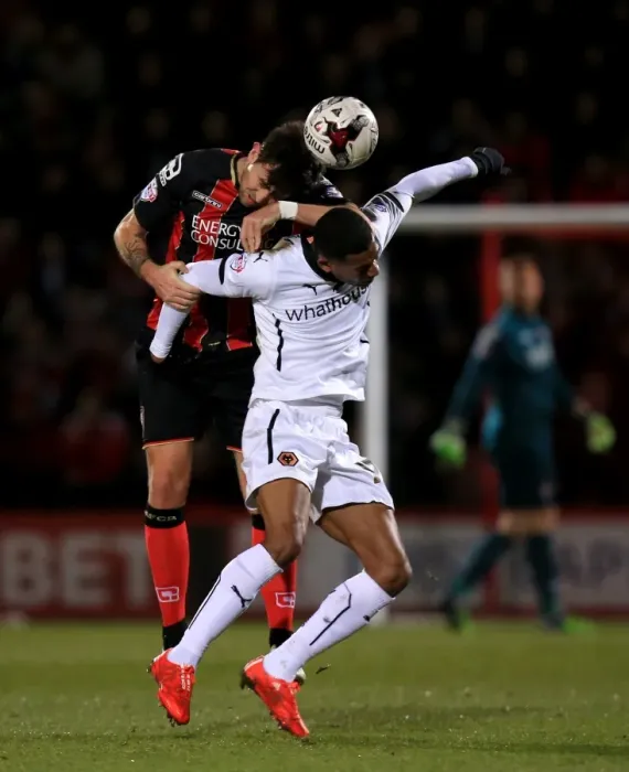 Framed Print : Intense Aerial Battle: Van La Parra vs. Daniels - Wolverhampton Wanderers vs. AFC Bournemouth (Sky Bet Championship) Framed Print : Intense Aerial Battle: Van La Parra vs. Daniels - Wolverhampton Wanderers vs. AFC Bournemouth (Sky Bet Championship)