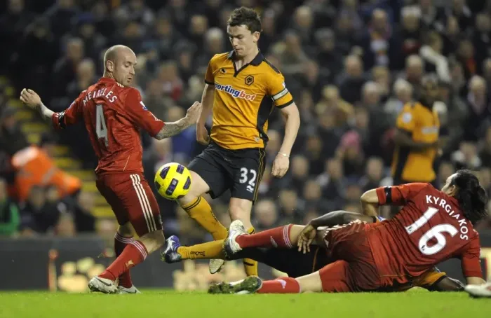 Framed Print : Intense Clash: Meireles, Kyrgiakos vs. Foley - Liverpool vs. Wolverhampton Wanderers
