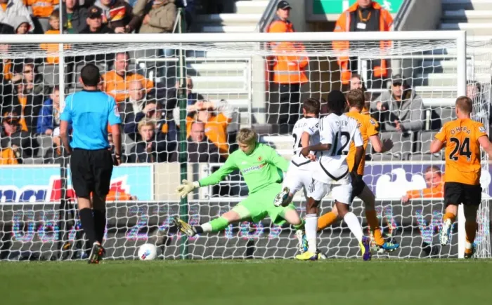 Framed Print : Joe Allen's Brace: Swansea City Takes 0-2 Lead Over Wolverhampton Wanderers Framed Print : Joe Allen's Brace: Swansea City Takes 0-2 Lead Over Wolverhampton Wanderers