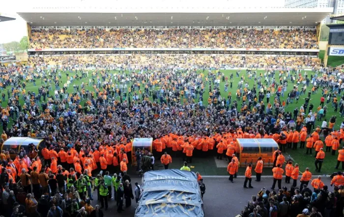 Framed Print : Jubilant Wolves Fans Celebrate Promotion to Premier League on Molineux Pitch (2009) Framed Print : Jubilant Wolves Fans Celebrate Promotion to Premier League on Molineux Pitch (2009)