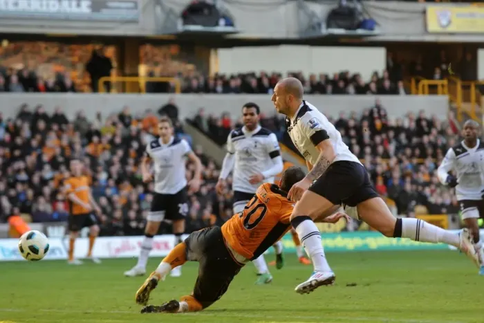 Framed Print : Penalty Called: Nenad Milijas Fouled by Alan Hutton in Wolverhampton Wanderers vs. Tottenham Hotspur Framed Print : Penalty Called: Nenad Milijas Fouled by Alan Hutton in Wolverhampton Wanderers vs. Tottenham Hotspur