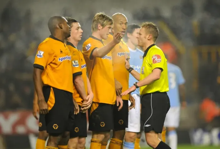 Framed Print : Referee Maintains Proper Distance: Wolverhampton Wanderers vs Manchester City (0-2) - Javier Garrido's Free Kick Framed Print : Referee Maintains Proper Distance: Wolverhampton Wanderers vs Manchester City (0-2) - Javier Garrido's Free Kick