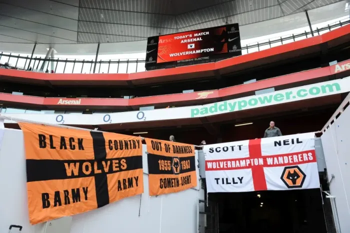 Framed Print : Sea of Flags: Wolverhampton Wanderers at the Emirates in the Premier League Clash Against Arsenal Framed Print : Sea of Flags: Wolverhampton Wanderers at the Emirates in the Premier League Clash Against Arsenal