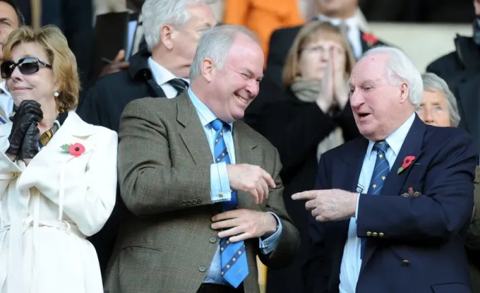 Framed Print : Sir Jack Hayward and Jonathan Hayward: A Father-Son Moment of Laughter at Wolves vs. Wigan Athletic in the Premier League Framed Print : Sir Jack Hayward and Jonathan Hayward: A Father-Son Moment of Laughter at Wolves vs. Wigan Athletic in the Premier League