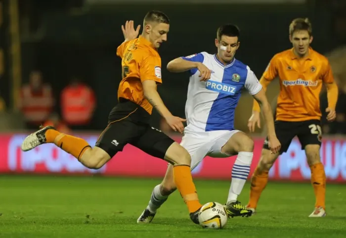Framed Print : Tense Moment: Jake Cassidy's Goal Attempt Thwarted by Scott Dann (Wolverhampton Wanderers vs. Blackburn Rovers) Framed Print : Tense Moment: Jake Cassidy's Goal Attempt Thwarted by Scott Dann (Wolverhampton Wanderers vs. Blackburn Rovers)