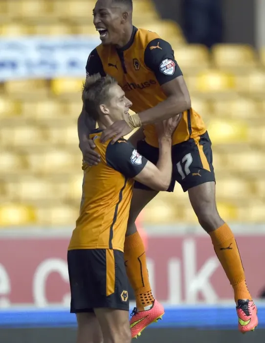 Framed Print : Wolverhampton Wanderers: Dave Edwards and Rajiv van La Parra Celebrate First Goal Against Wigan Athletic in Sky Bet Championship