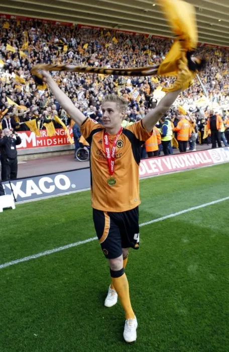 Framed Print : Wolverhampton Wanderers: David Edwards Euphoric Promotion Celebration - Championship Title Win vs Doncaster Rovers (08 / 09)
