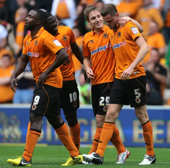 Framed Print : Wolverhampton Wanderers: Stearman Scores and Celebrates Second Goal Against Leicester City in Championship Match at Molineux