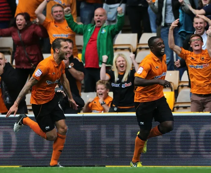 Framed Print : Wolverhampton Wanderers: Sylvan Ebanks-Blake and Roger Johnson Celebrate First Goal Against Leicester City (Npower Championship, Molineux, 2012)