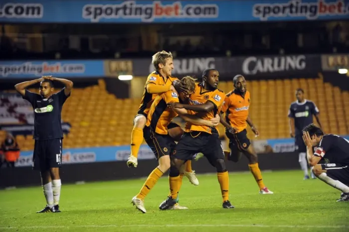 Framed Print : Wolverhampton Wanderers Dramatic Carling Cup Victory: Last-Minute Goal Celebration by Kevin Doyle, Sylvan Ebanks-Blake, and Richard Stearman (2-1 vs. Southend)
