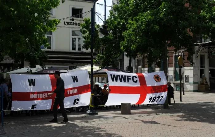 Framed Print : Wolverhampton Wanderers Fans Unite in Charleroi's Central Square for Pre-Season Clash Against RCSC