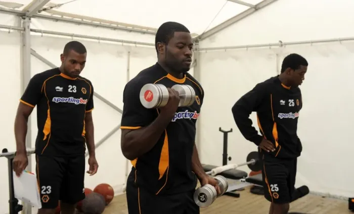 Framed Print : Wolverhampton Wanderers: George Elokobi at Pre-Season Weights Training in Ireland