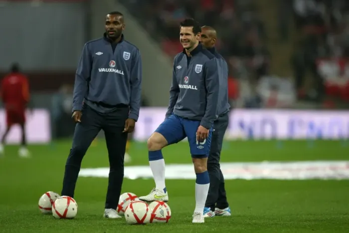 Framed Print : Wolverhampton Wanderers: Jarvis and Bent in England Training - Ghana Friendly Preparation
