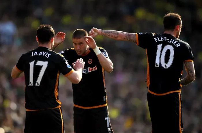 Framed Print : Wolverhampton Wanderers: Matt Jarvis, Michael Kightly, and Steven Fletcher Celebrate Goal Against Norwich City in Barclays Premier League Framed Print : Wolverhampton Wanderers: Matt Jarvis, Michael Kightly, and Steven Fletcher Celebrate Goal Against Norwich City in Barclays Premier League