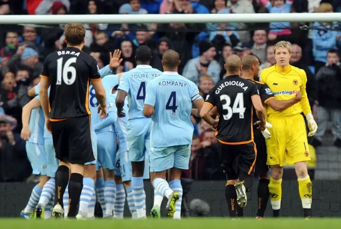 Framed Print : Wolverhampton Wanderers Reaction: Wayne Hennessey and Karl Henry Consoled After Edin Dzeko's Manchester City Goal Framed Print : Wolverhampton Wanderers Reaction: Wayne Hennessey and Karl Henry Consoled After Edin Dzeko's Manchester City Goal