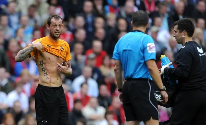 Framed Print : Wolverhampton Wanderers Steven Fletcher Shows Refree Kevin Friend Injury during Liverpool vs. Wolverhampton Premier League Match Framed Print : Wolverhampton Wanderers Steven Fletcher Shows Refree Kevin Friend Injury during Liverpool vs. Wolverhampton Premier League Match