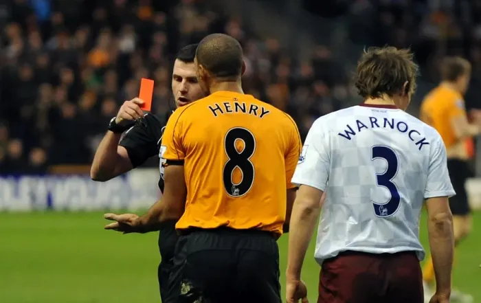 Framed Print : Wolverhampton Wanderers vs. Aston Villa: Karl Henry's Red Card - Barclays Premier League Soccer: Michael Oliver Issues Red Card to Karl Henry (No Credits)
