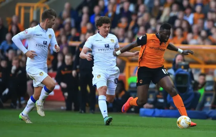 Framed Print : Wolves Bakary Sako Outruns Leeds United's Defenders at Molineux Stadium