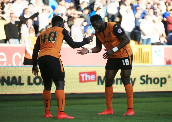 Framed Print : Wolves Dicko and Sako Celebrate Double Strike: Molineux's Euphoria in Sky Bet Championship (Wolves v Leeds United)