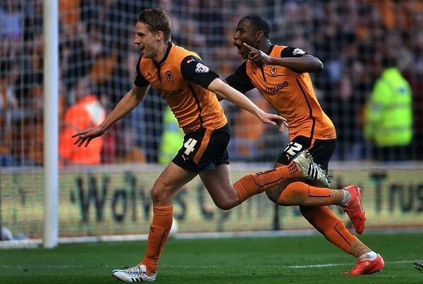 Wolves Glory: David Edwards and Benik Afobe Celebrate Fourth Goal Against Leeds United (Sky Bet Championship)