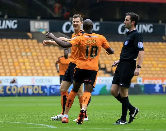 Framed Print : Wolves McDonald and Afobe Celebrate First Goal vs. Huddersfield in Sky Bet Championship Framed Print : Wolves McDonald and Afobe Celebrate First Goal vs. Huddersfield in Sky Bet Championship