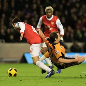 Intense Barclays Premier League Clash: Cesc Fabregas Fouls Nenad Milijas (Wolverhampton Wanderers vs. Arsenal)