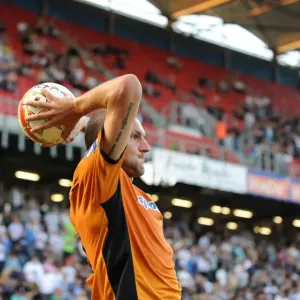 Jelle Van Damme of Wolverhampton Wanderers Gears Up for Throw-In During Pre-Season Match against RCSC Charleroi