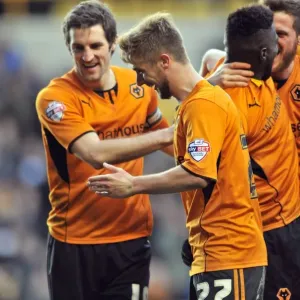 Michael Jacobs Scores and Celebrates with Wolves Team Mates in Sky Bet League One Match vs. Notts County (February 15, 2014) - Molineux Stadium
