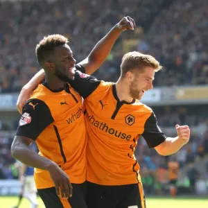 Wolverhampton Wanderers: Michael Jacobs and Bakary Sako's Jubilant Moment after Scoring the Second Goal vs. Carlisle United in Sky Bet League One (April 3, 2014)