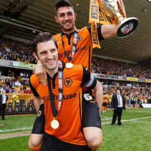 Wolverhampton Wanderers: Sam Ricketts and Danny Batth Celebrate Promotion to Sky Bet League One with the Trophy