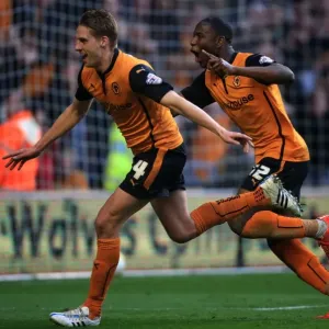Wolves Glory: David Edwards and Benik Afobe Celebrate Fourth Goal Against Leeds United (Sky Bet Championship)