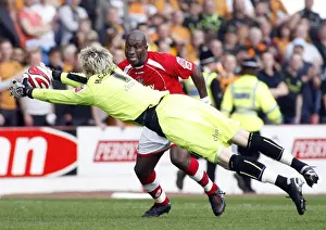 2009 Prints: Hennessey vs Moore: Clash between Wolverhampton Wanderers and Barnsley Goalkeepers in Championship Match