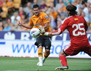 Wolves v Real Zaragoza Collection: Matt Jarvis's Dramatic Goal Attempt Thwarted by Leonardo Neoren Franco in Wolves vs Real Zaragoza