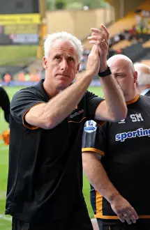 Past Player Prints: Mick McCarthy: Wolverhampton Wanderers Triumphant Manager Celebrates Full-Time Victory Against Fulham in Barclays