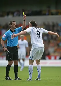 Framed Print : Referee Stuart Attwell Issues Yellow Card to Andrew Carroll in Wolverhampton Wanderers vs Newcastle United
